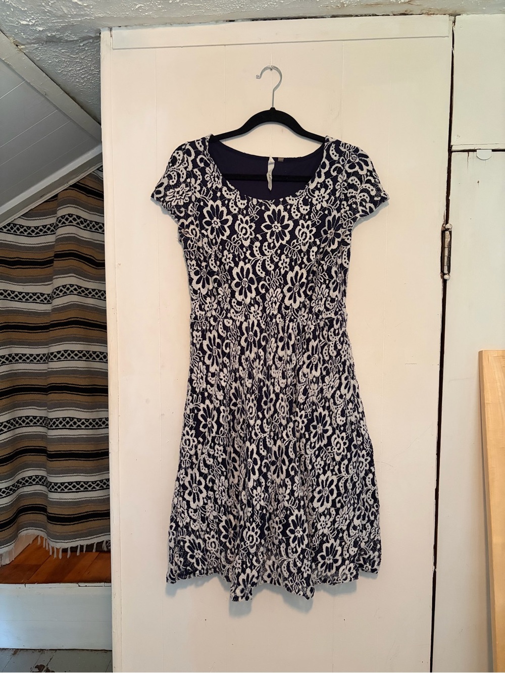 Soft stretchy navy cap sleeve dress with white lace overlay from NY Collection